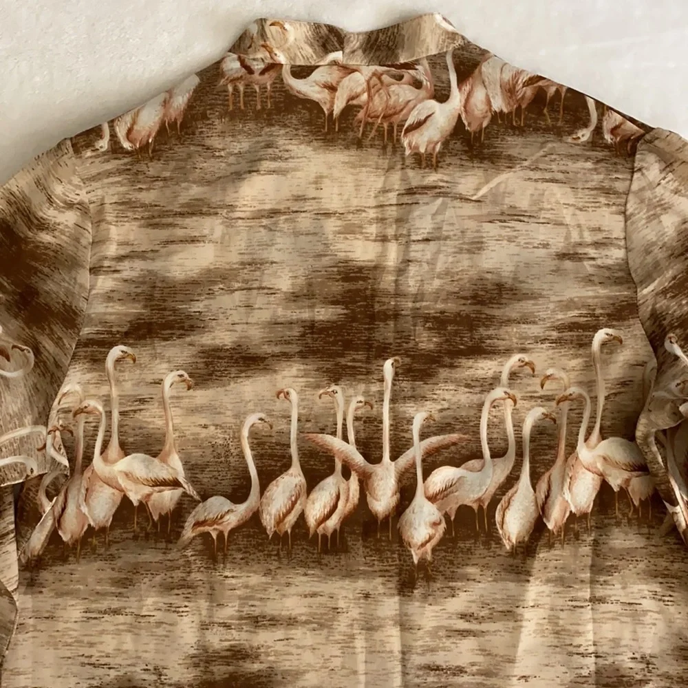 {VTG} Alex Colman Sportswear | 70s Flamingo Print Lightweight LS Pullover Blouse - Picture 13 of 16